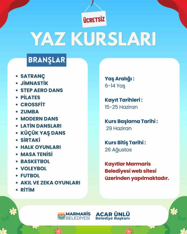 Marmaris Belediyesi’nden çocuklar için 17 branşta ücretsiz yaz kursu
